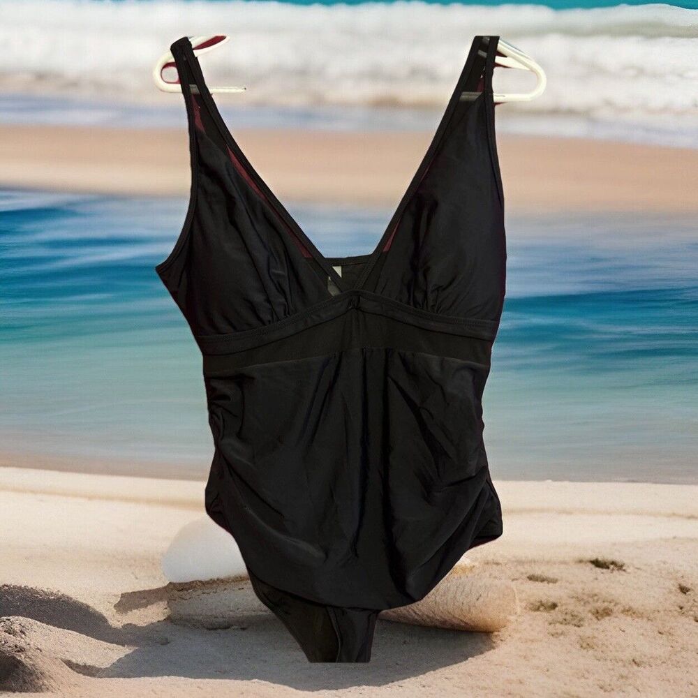 #8515 WOMENS MESH SIDE GATHER BLACK ONE PIECE SWIMSUIT SIZE XL